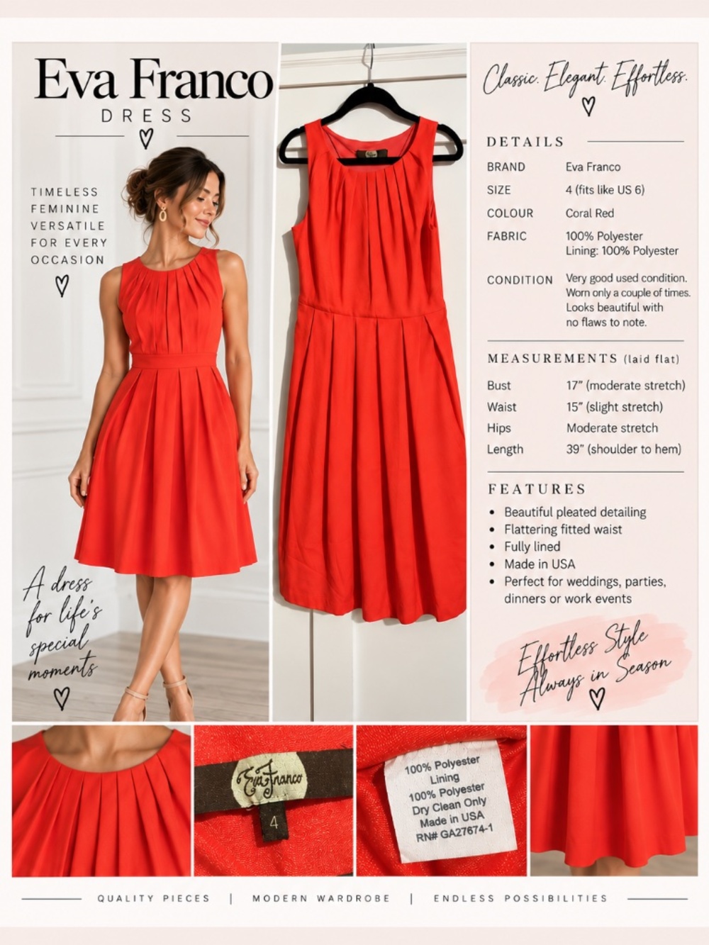 Eva Franco Orange/Red Pleated Dress • Size 4
